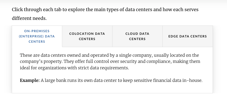 Interactive tabbed architecture chunking the four deployment models to minimize cognitive load while anchoring concepts through real-world visual metaphors.